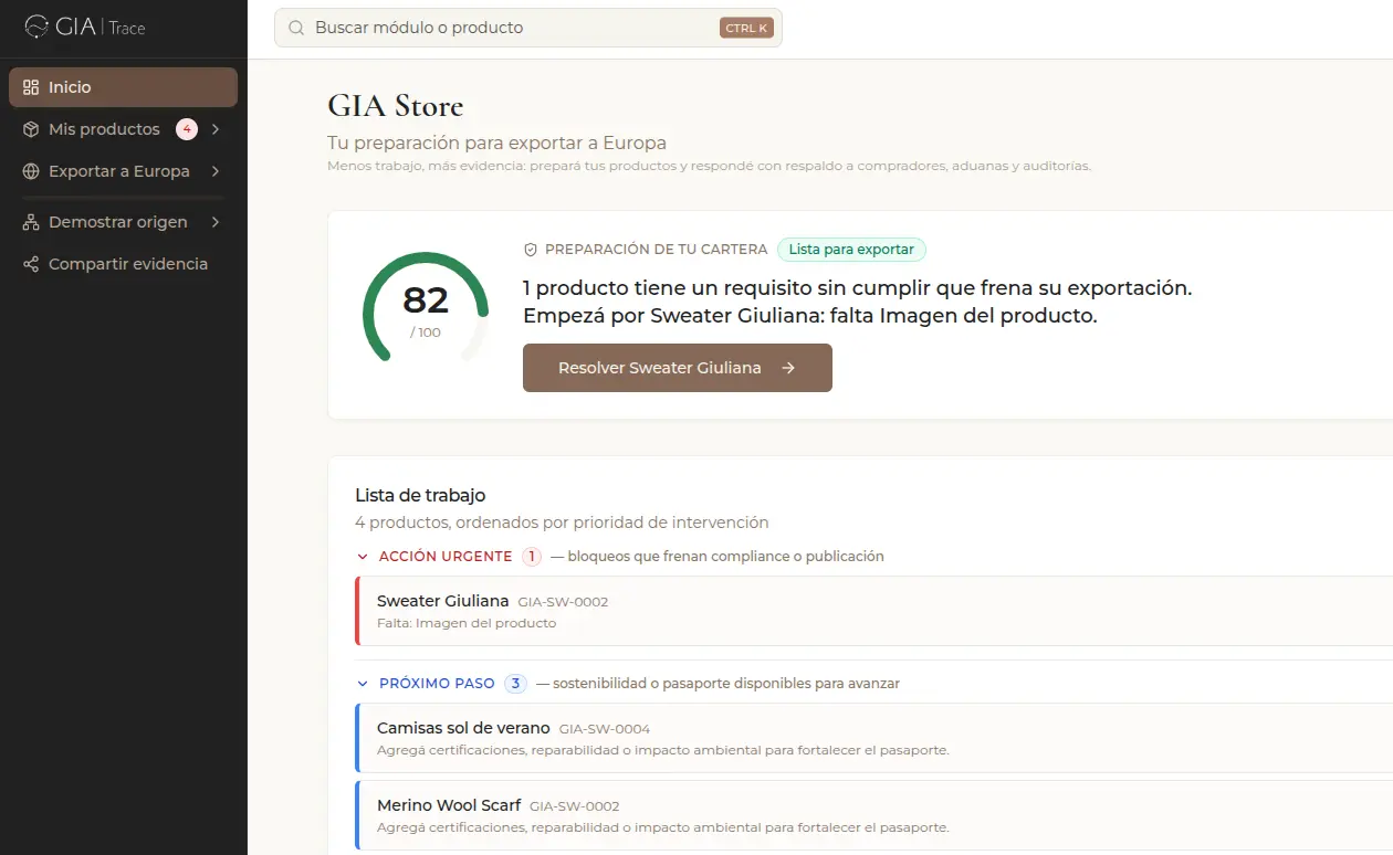 Inicio de GIA Trace: preparación de la cartera para exportar a Europa y lista de trabajo por producto